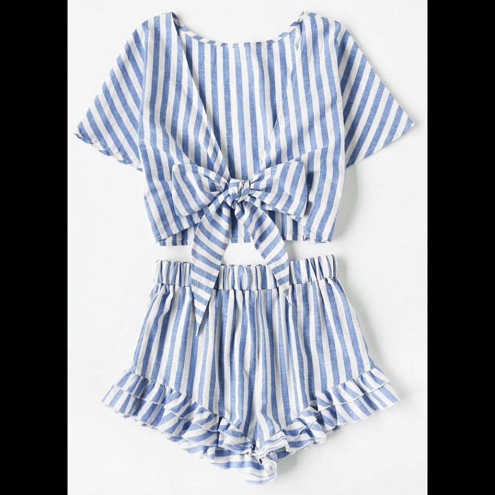 SheIn blue and white striped two piece set SMALL